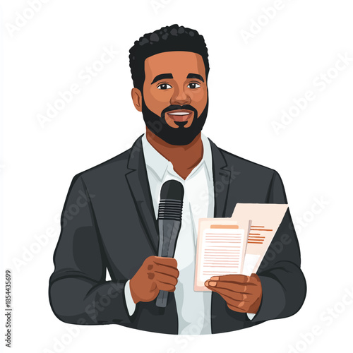 Man in a suit holding a microphone and papers