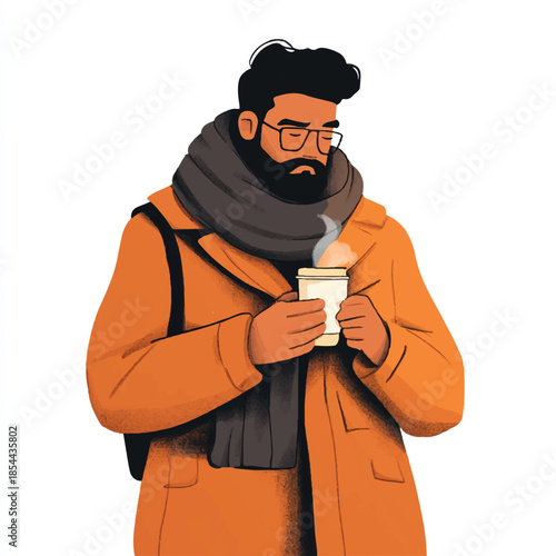 Man in Orange Coat Holding Warm Drink.