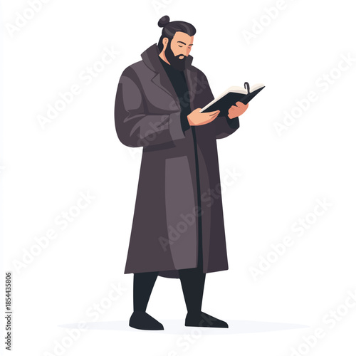 Man in Overcoat Reading a Book with Focused Expression