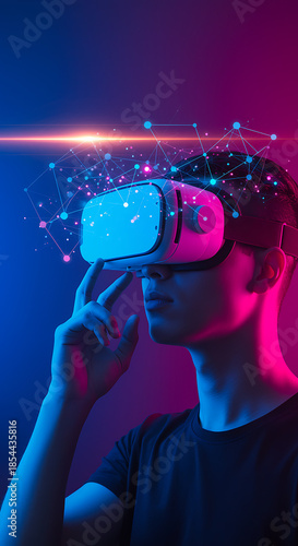Virtual Reality Experience Man Immersed in Digital World with Futuristic Graphics