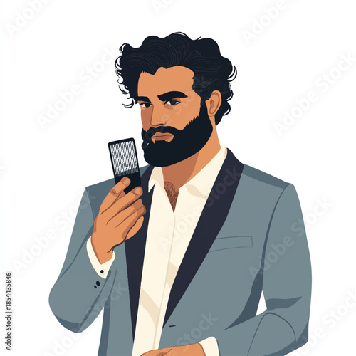 Man in Suit Holding a Flip Phone with Focused Expression.