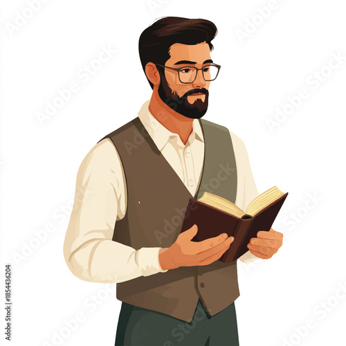 Man with glasses and beard reading a book.