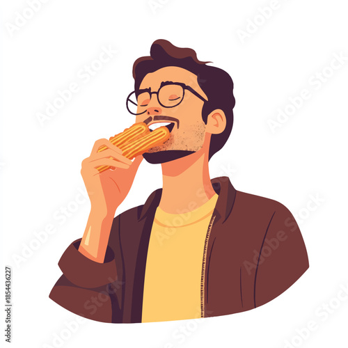 Man with glasses enjoying a sandwich with focused expression.