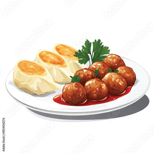 Meatballs in sauce and three fried dumplings on a plate.