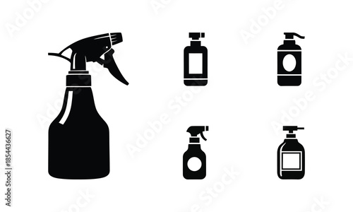 Black silhouettes of various cleaning spray bottles