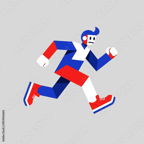 Flat vector illustration of a stylized geometric man running fast in red and blue sportswear representing speed and motion concepts