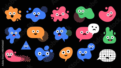Fun abstract cartoon blob characters and speech bubbles with cute faces and textures set on black background for social media stickers