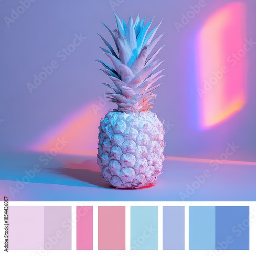 Pineapple glows with vibrant pink and blue light against a purple background