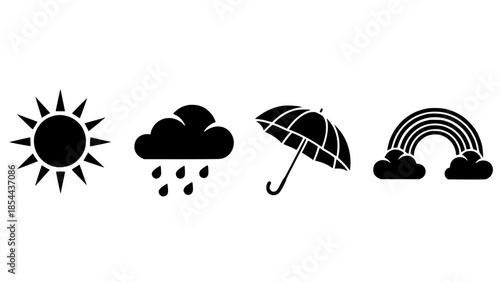 Complete Weather Icon Set Featuring Bright Sunshine Rainy Cloud Protective Umbrella And A Beautiful Clouded Rainbow