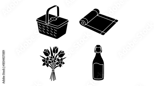 Complete Picnic Essentials Set Featuring Woven Basket Rolled Blanket Beautiful Floral Bouquet And Refreshing Bottled Drink