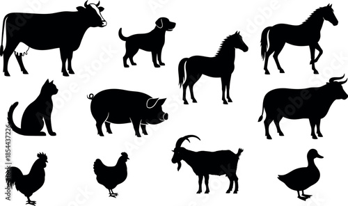 Silhouette of various farm animals and pets in profile