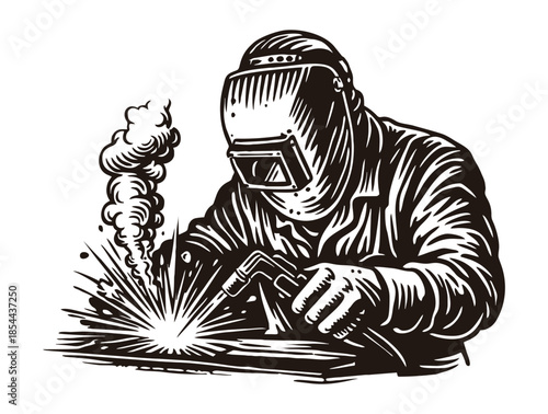 Skilled industrial welder wearing a mask working with hot sparks.