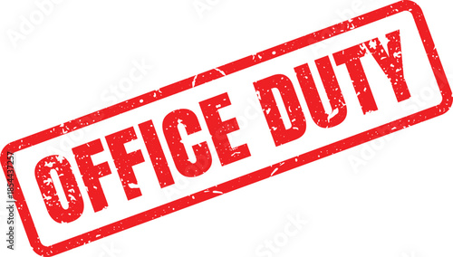 A vibrant red rectangular office duty rubber stamp with distressed texture on a clean white background