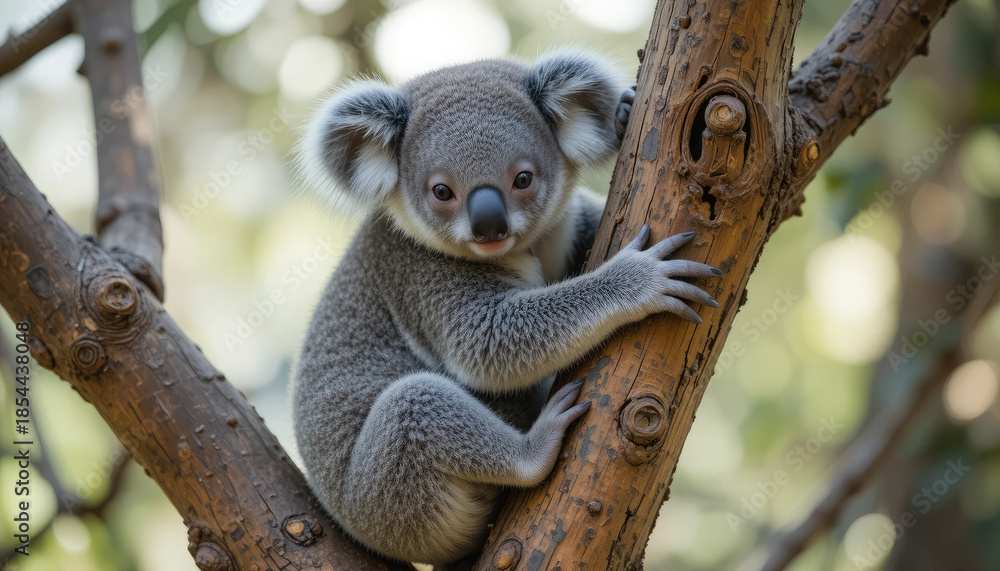Fototapeta premium Adorable koala bear climbing tree branch in forest