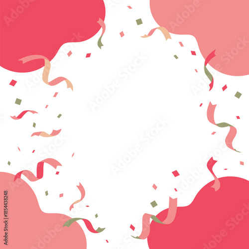 Red and pink celebratory background material with a frame template of ribbons and confetti. / リボンと紙吹雪が舞うお祝いムードの背景素材 フレームテンプレート 赤 ピンク