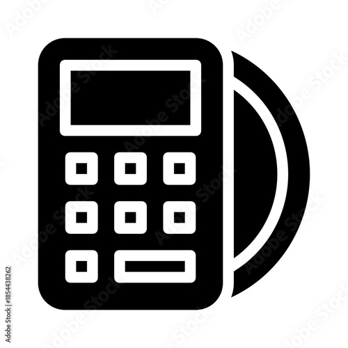 Black calculator icon with a handle, perfect for financial designs. Ideal for website, app, or graphic layouts needing a calculator symbol.
