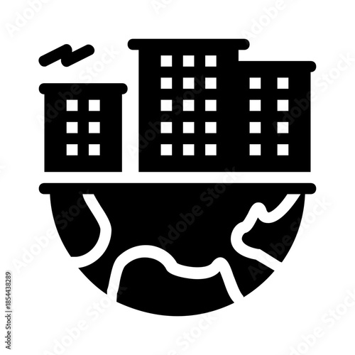 Three buildings on a world globe in black outline for global real estate, architecture, or international business concepts. Suitable for presentations.
