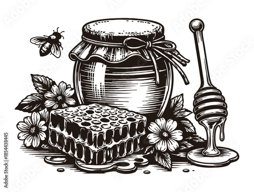 honey jar honeycomb bee and dipping stick.