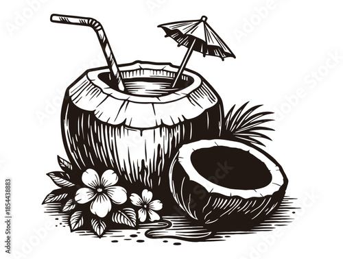 Tropical coconut cocktail with straw, umbrella, and exotic hibiscus flower.