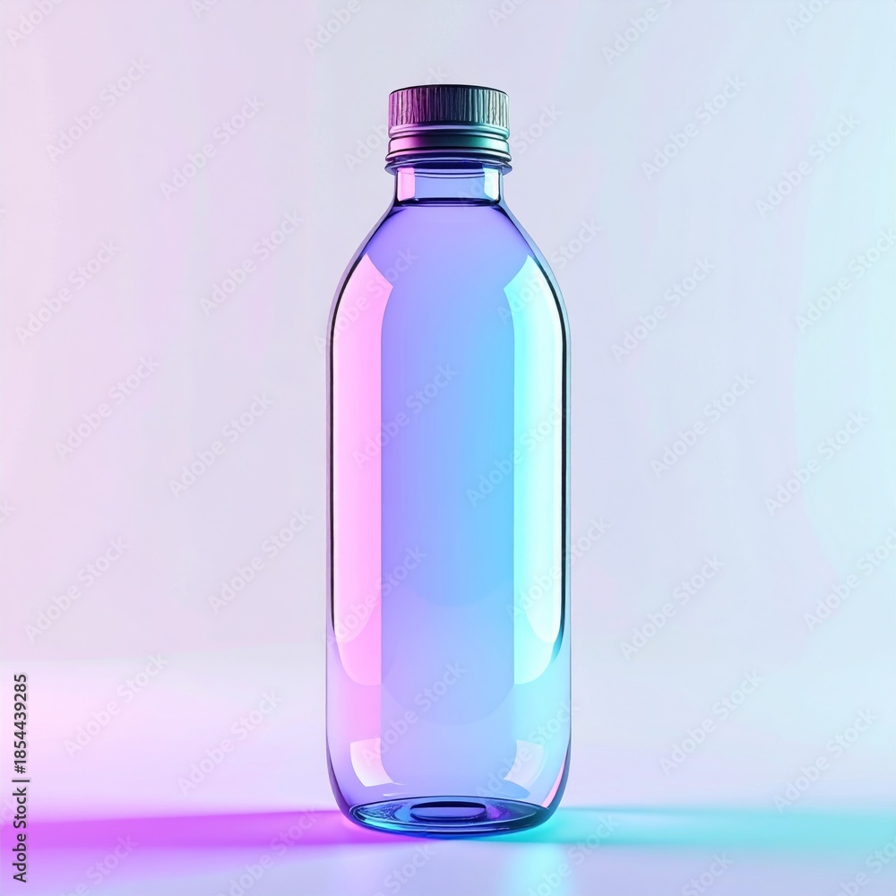 Naklejka premium Glass Water Bottle Under Neon Lighting On White Background And Clean Surface