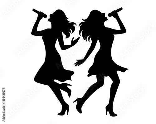 black silhouette of two women singing, batel singing show, icon isolated on white background, type 3
