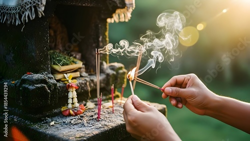 Person's hands lighting traditional incense sticks, creating smoke during a spiritual offering ritual at an outdoor shrine with warm sunlight and blurred background.
