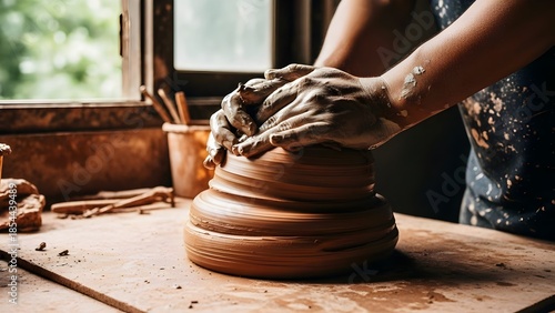 Close-up of a potter's hands shaping wet clay on a spinning pottery wheel in a sunlit workshop, showcasing the art of ceramics and traditional craftsmanship.