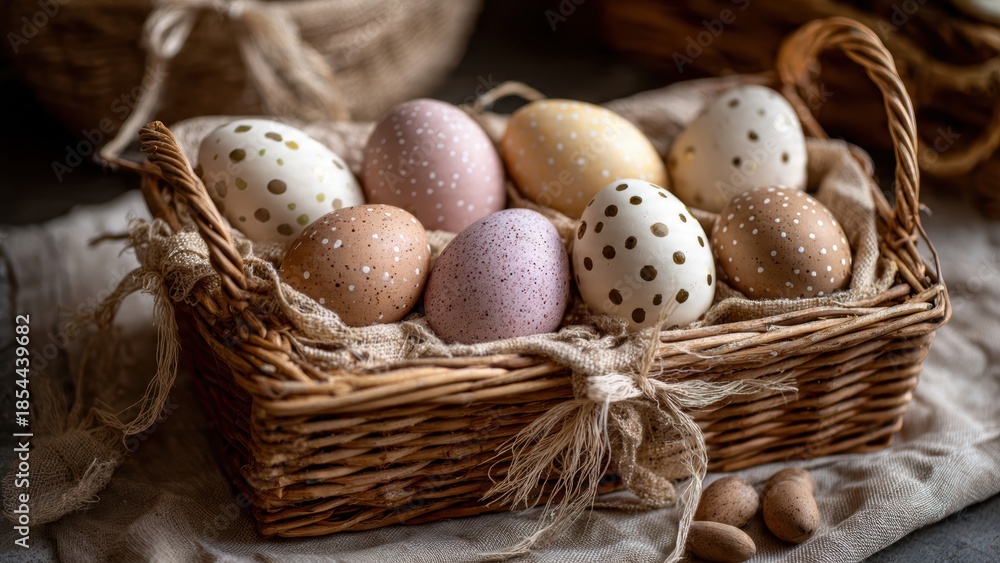 Obraz premium Decorative easter eggs in rustic basket for spring celebration