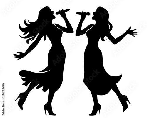 black silhouette of two women singing, batel singing show, icon isolated on white background, type 4
