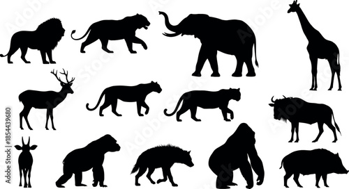Silhouette of various african animals in a collection featuring a lion elephant giraffe and more in black outline on white background silhouette