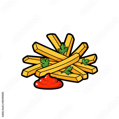 Illustration of a pile of French fries with ketchup on a white background