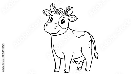Cute Cow with Flower Crown Coloring Page – Black and White Line Art