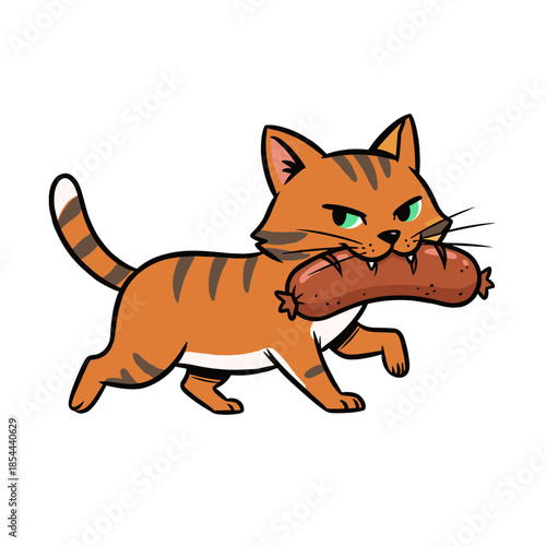 Illustration of a mischievous orange cat carrying a sausage in its mouth on a white background
