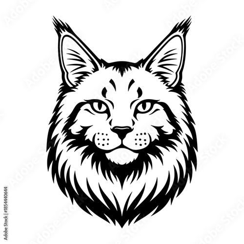 Stylized illustration of a Maine Coon cat's head in black and white on a white background