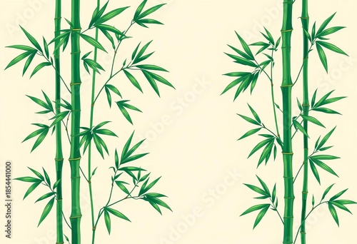 Intricate green bamboo stalks and leaves form a repeating oriental pattern on a beige background,  leaves,  elegant