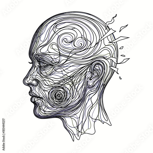 Profile of a face designed with flowing black curved lines, representing anxiety, overthinking, emotional complexity, and mental stress.