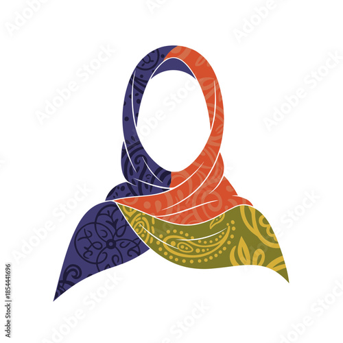 Stylized illustration of a woman wearing a hijab with a colorful patterned design on a white background
