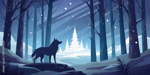 Winter forest landscape with howling wolf on snowy hill under falling snow, minimalist flat vector art with cool color palette, graphic design.
