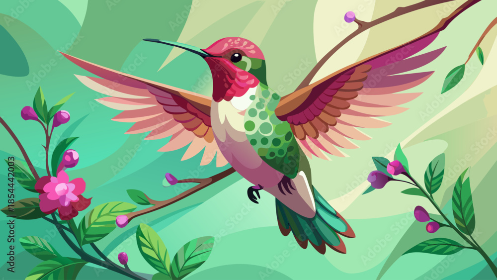 Fototapeta premium Hummingbird with open wings near blooming branches and pink flowers, flat vector art with soft color palette, elegant nature illustration.