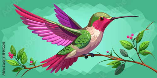 Vibrant hummingbird in flight near flowering branch, flat vector art with detailed feathers, bright colors, natural background, graphic illustration.