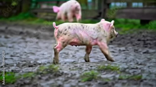 Piglet walking in muddy area on a farm natural daylight and setting