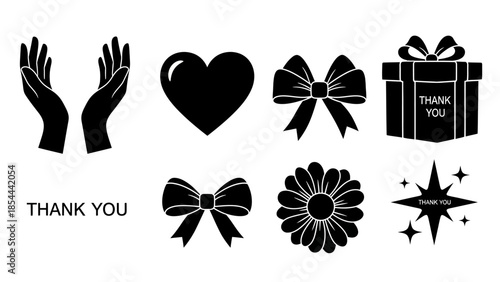 Black and White Thank You Icon Set with Hand Heart Bow and Floral Elements

