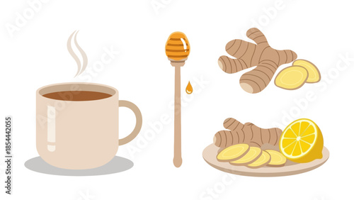 Natural Ginger Tea Illustration Featuring Fresh Ingredients and Warm Herbal Drink