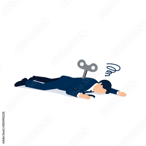 力尽きたぜんまい仕掛けのビジネスマン、エネルギー切れのイメージイラスト