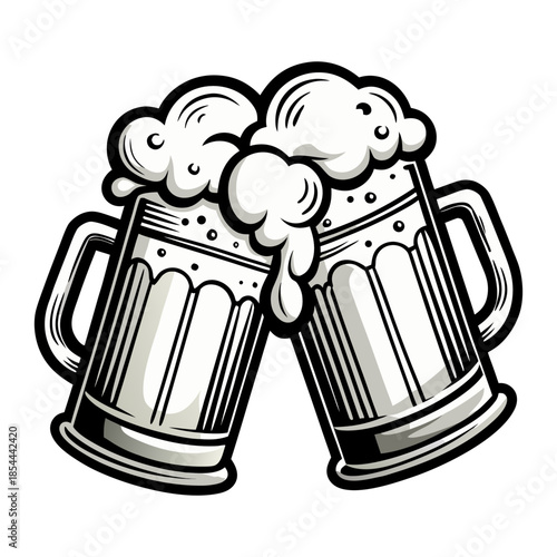 Pair of beer mugs with foam splashing each other vector illustration for pub menu or Oktoberfest party design.