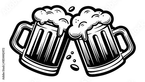 Clinking beer mugs with splashing foam vector illustration in black and white for brewery or Oktoberfest.