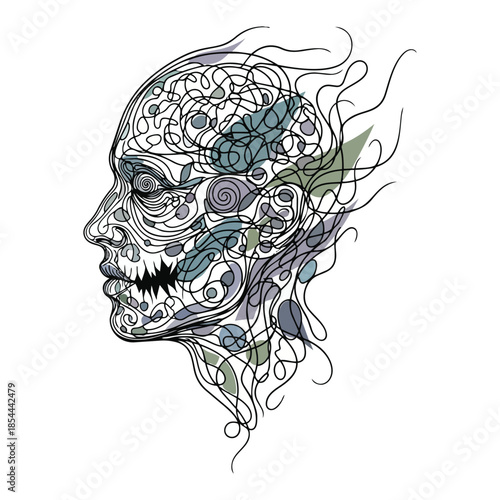 Profile of a face designed with flowing black curved lines, representing anxiety, overthinking, emotional complexity, and mental stress.