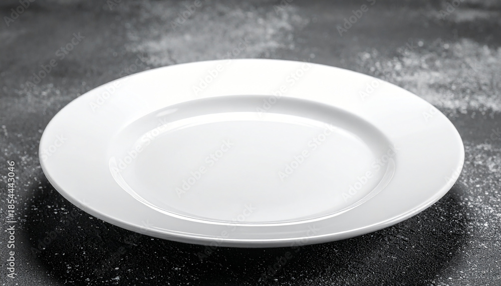Fototapeta premium A plain white ceramic dinner plate is positioned on a dark, mottled background dinnerware