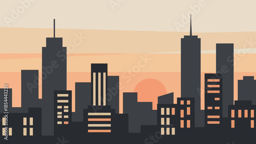 Evening City Skyline Silhouette Over Calm Horizon.