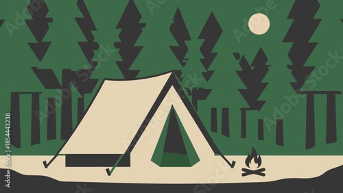 Secluded camping tent pitched in forest at night.